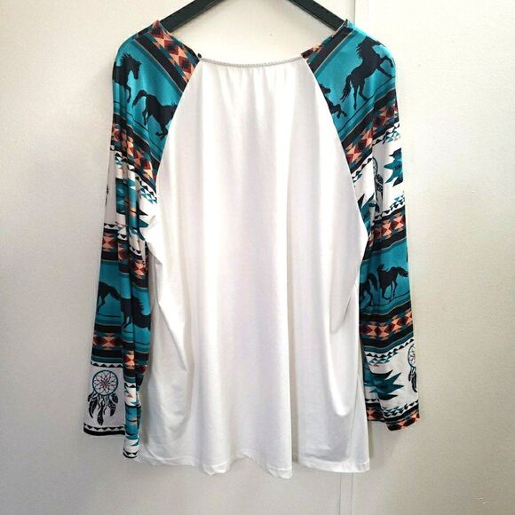 Southwestern Boho Tunic Turquoise Aztec Horse Equestrian V-Neck Long Sleeve 2XL - Picture 3 of 8